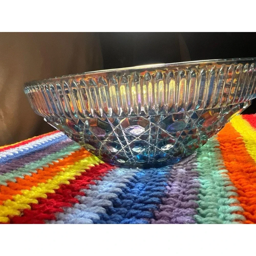 Vintage  Glass Blue Iridescent Carnival Glass Button and Cane  Salad Bowl